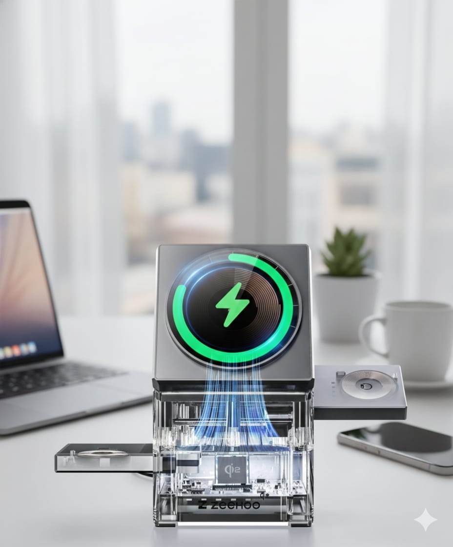 Qi2 Certified 3-in-1 Magnetic Mag-Safe Wireless Charging Station with One-Touch Auto Rotation and Fast Charging Compatible
