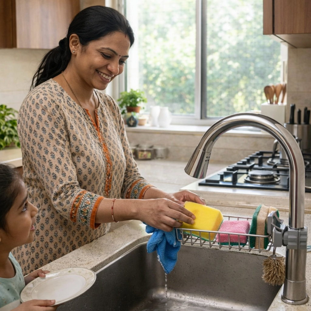 Stainless Steel Faucet Sink Caddy –  with free 5 piece scrubber
