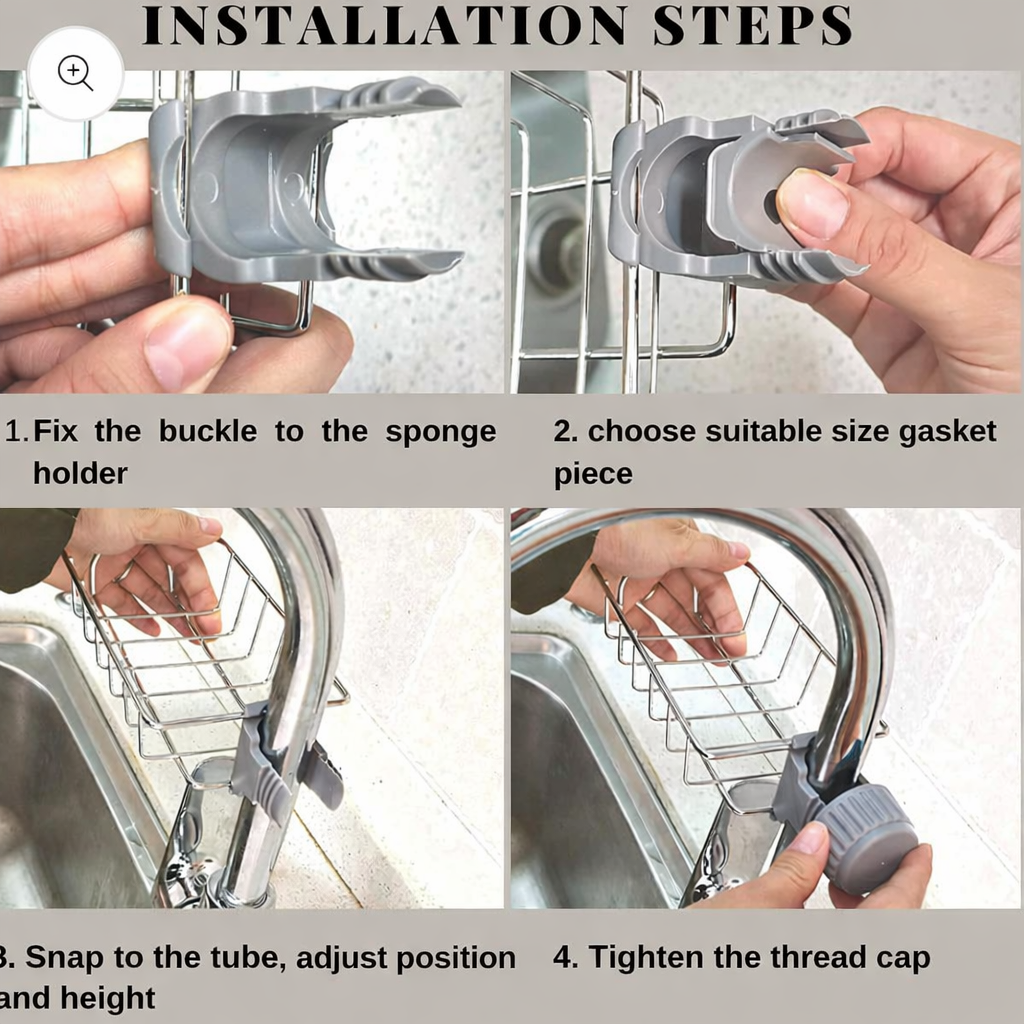 Stainless Steel Faucet Sink Caddy –  with free 5 piece scrubber